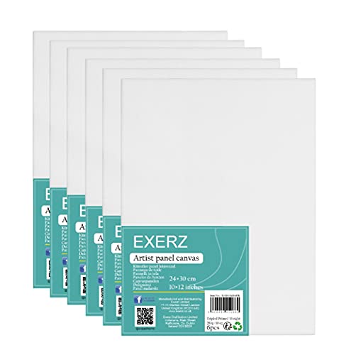 Exerz 24x30cm Malkarton 6 stk - Weiße Leinwandpanel 0.3cm dick 280GSM 100% Baumwolle - Kunstleinwandtafel für Acrylfarben, Ölfarben - Dreifach Grundiert/Ohne Säure/Mittelkörnig von EXERZ