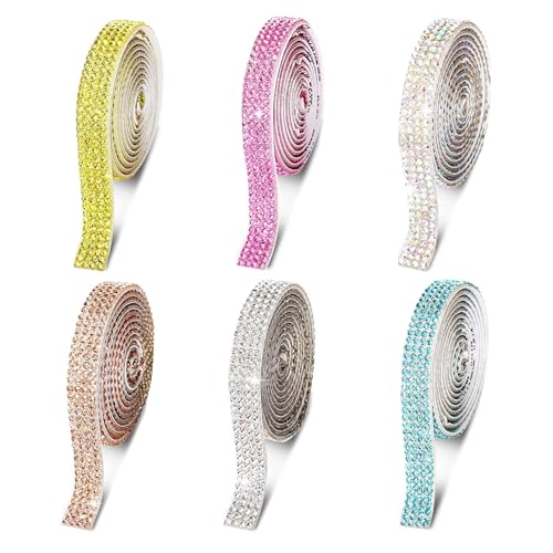 6 Rollen Strassband Selbstklebend, Kristall Strass Bänder Aufkleber, 6 Farben DIY Selbstklebend Glitzersteine Bänder, Selbstklebend Kristall Strass Diamantband für Handwerk Hochzeit Geburtstag Deko von EXIN DECHEN