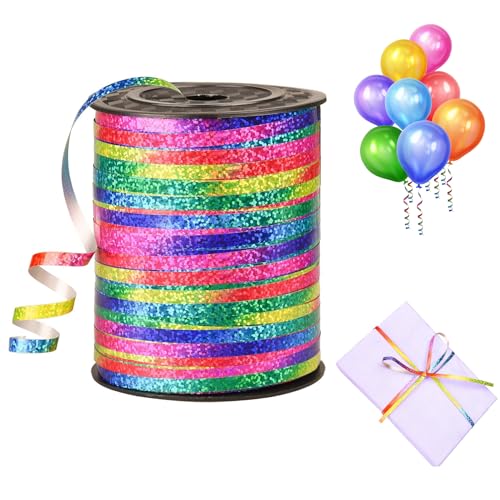 450 Meter Geschenkband, 5mm Regenbogen Ringelband, Geschenkband in Glänzendes Regenbogen, Glitzer Ballonband Bunt, Ballonschnur Glitzer Bunt, für Geschenkverpackung Hochzeitsdeko Ballonverschlüsse von EXIN DEHCEN