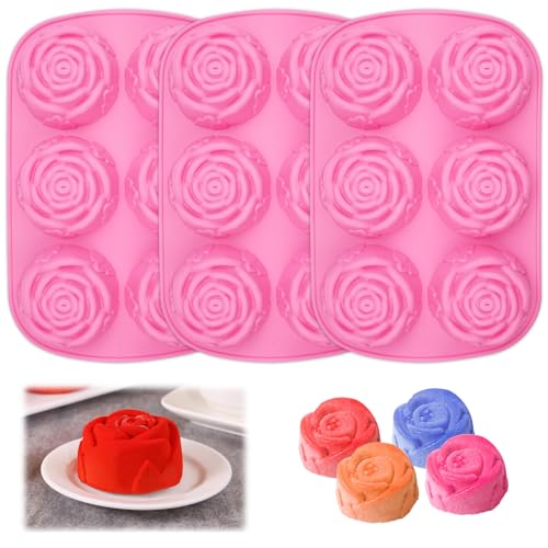 EXIN DEHCEN 3 Stück Silikonform Rose Eignblüte, Eiswürfelform Rose, Silikon Seifenformen Rose, Rosen Silikonform, Roses 6-cavity Multifunctional Silicone Mold für Muffin, Brot, Mousse, Pudding (Rosa) von EXIN DEHCEN