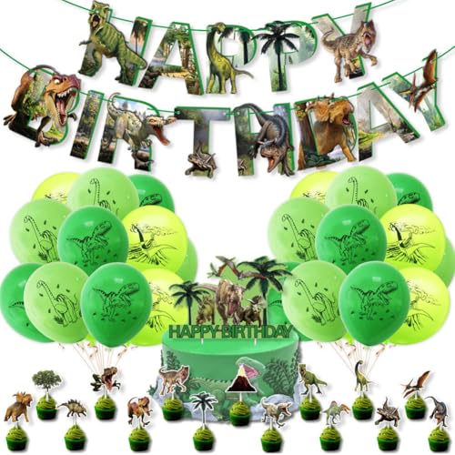 EXOSSBA Dinosaurier Geburtstags Party Dekoration Set, Dinosaurier Theme Party Supplies Set Enthält Banner Cake Topper Latex Ballon für Jungen, Mädchen, Kinder Geburtstagsfeier von EXOSSBA