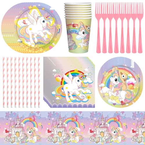 EXOSSBA Einhorn Partygeschirr Set, 71 Stück Unicorn Party Supplies Set Einhorn Thema Geschirr Set mit Papptelle Pappbecher Servietten für Kinder Geburtstagsparty (10 Gäste) von EXOSSBA