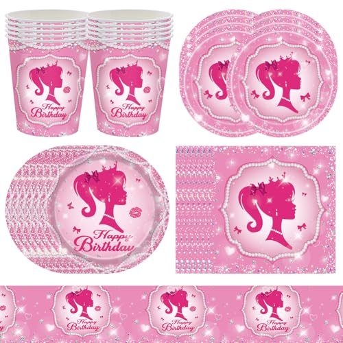 Pink Prinzessin Geburtstag Partygeschirr Set,51 Stück Prinzessin Geburtstag Deko,Prinzessin Kindergeburtstag Tischdeko Party Geschirr Mit Teller Becher Servietten Tischdecke Für 10 Gäste von EXOSSBA