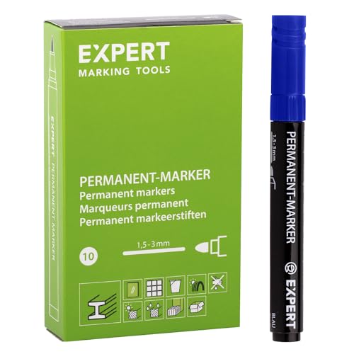 EXPERT Permanentmarker Blau 10er Pack | Rundspitze, wasserfest & schnelltrocknend | Sicher ohne Xylol & Toluol | Ideal für Glas, Holz, Metall, Kunststoff | Im Kartonetui von EXPERT