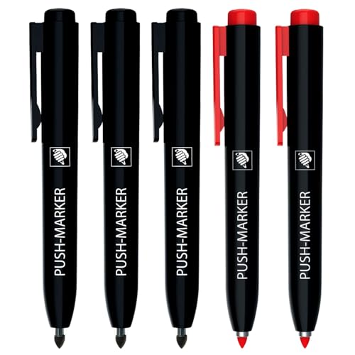 EXPERT Push-Marker 5er Set | Wasserfeste Markierer mit Klick-Technologie | Schnelltrocknend & nachfüllbar | Druckknopf für Einhandbedienung | Permanent Marker Stift für glatte & raue Oberflächen von EXPERT