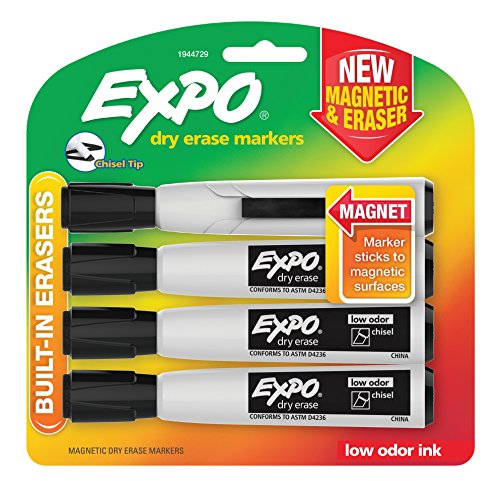 EXPO Magnetische, trocken abwischbare Marker mit Radiergummi, Keilspitze, Schwarz, 4 Stück von Expo