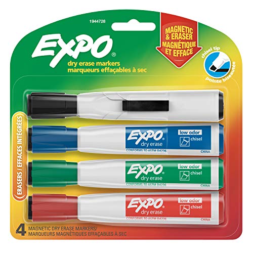 EXPO Magnetische trocken abwischbare Marker mit Radiergummi, Keilspitze, sortiert, 4 Stück von Expo