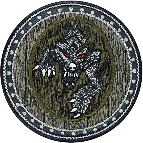 Aufnäher Kriegerschild mit Wolf heraldisches Schild Aufbügler Wolf Krieger Abzeichen Wikinger Vikings Patch Böser Wolf Bügelbild Applikation zum aufbüglen/annähen | 70x70mm von EXPRESS-STICKEREI