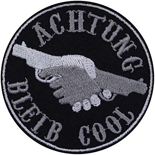 Aufnäher "ACHTUNG BLEIB COOL" Aufbügler Biker Patch zum annähen Bügelbild Heavy Metal Sticker Waffen | Pistolen Hände Applikation für alle Stoffe 80x80mm von EXPRESS-STICKEREI