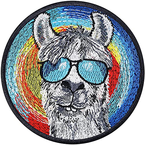 AufnäherCOOLES LAMA Geschenk lustiger Dekoaufbügler Comic Lamakopf Lama Rucksack Sticker Regenbogen Aufkleber/Bügelbild Stoff Applikation zum annähen/aufbügeln 80x80mm von EXPRESS-STICKEREI