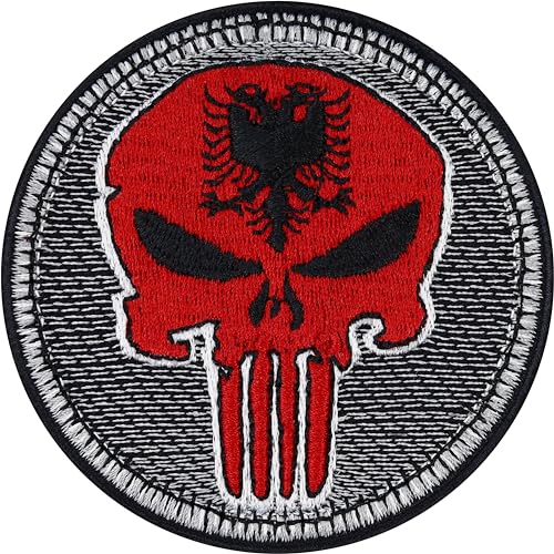 Biker Patches Länder Flaggen Aufnäher Biker Punisher Patch zum aufbügeln/aufnähen | Biker Kutte Applikation Flagge Aufbügler (Punisher Albanien - Patch) von EXPRESS-STICKEREI