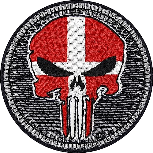 Biker Patches Aufnäher Denmark Biker Punisher Patch zum aufbügeln/aufnähen | Biker Kutte Applikation für alle Stoffe | Dänemark Flagge Aufbügler Accessoires | 75x75mm von EXPRESS-STICKEREI