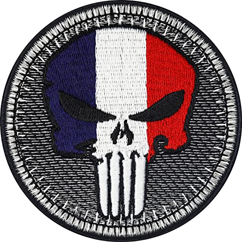 Biker Patches Aufnäher French Biker Punisher Patch zum aufbügeln/aufnähen | Biker Kutte Applikation für alle Stoffe | Frankreich Flagge Aufbügler Accessoires | 75x75mm von EXPRESS-STICKEREI