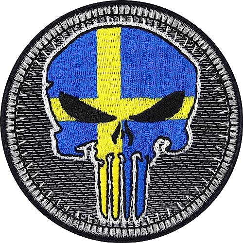 Biker Patches Aufnäher Sweden Biker Punisher Patch zum aufbügeln/aufnähen | Biker Kutte Applikation für alle Stoffe | Schweden Flagge Aufbügler Accessoires | 75x75mm von EXPRESS-STICKEREI