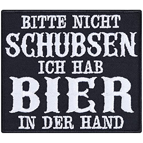 Bitte nicht schubsen - ich hab Bier in der Hand Festival Aufnäher Heavy Metal Aufbügler Biker Patch Bierliebhaber Geschenk Applikation für Jacke/Weste/Kutte | 80x70mm von EXPRESS-STICKEREI