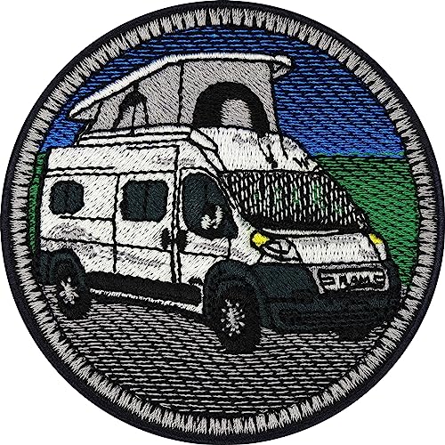 Camper Van Patch Camper Aufnäher Camping Patches zum aufbügeln Wohnwagen Patch für alle Stoffe Naturfreunde Sticker Camper Van Patch Aufbügler 75x75mm von EXPRESS-STICKEREI