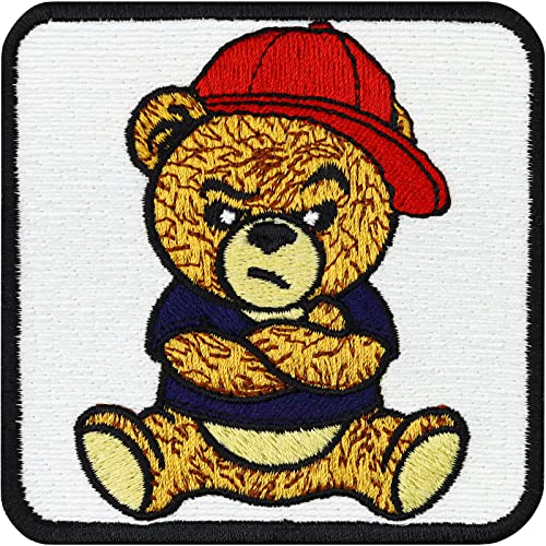 Cooler Teddybär Aufnäher Ted Bügelbild gestickt | Premium Teddy Patch Grumpy Teddy Bär Applikation zum aufbügeln/annähen | für alle Stoffe| 75x75mm von EXPRESS-STICKEREI