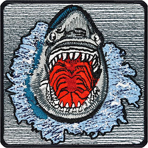 Der weiße Hai Aufnäher Haifisch Aufbügler Jaws Sticker Klimaschutz Zeichen Save the Shark Abzeichen gesticktes Kunstwerk Emblem zum annähen/aufbügeln | 75x75mm von EXPRESS-STICKEREI