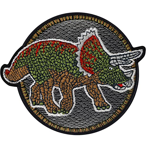 Dinosaurier Figuren Aufnäher Kinder Patch Triceratops Bild Patch zum aufnähen | Dinosaurier Bügelbilder für Textilien Kinder Flicken zum aufbügeln | 100x75mm von EXPRESS-STICKEREI