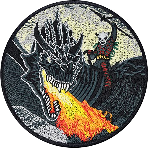 Drachen Aufnäher DRACHEN-KÄMPFER Aufbügler Schwarzer Drache Patch Gestickt zum annähen - Black Dragon Sticker Wikinger Bügelbilder Game of Throne Geschenk mit Stickerei - 80x80mm von EXPRESS-STICKEREI