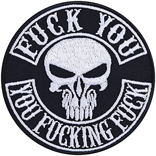 Totenkopf Aufnäher "FUCK YOU - you fucking fuck" Aufbügler Biker Patch Rocker Bügelbilder | Geschenk Motorradfahrer Applikation für Leder/Weste/Jeans/Boots/Jacke | 80x80mm von EXPRESS-STICKEREI