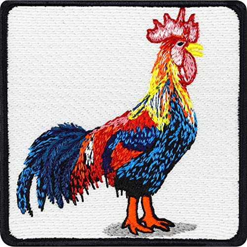 Gockelhahn Aufnäher Haushuhn Aufbügler gestickt zum annähen/aufbügeln | colorful Rooster | heimische Tiere bunte Bügelbilder Bauernhoftiere Applikation zum Jeans flicken | 70x70mm von EXPRESS-STICKEREI