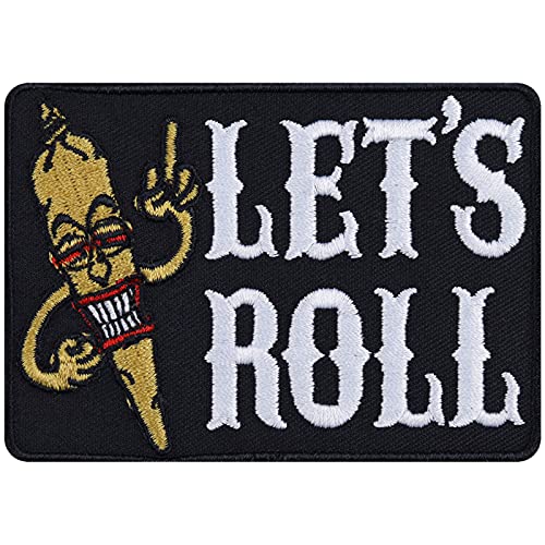 Hanfblatt Aufnäher "Let's roll" Weed Patch zum annähen/aufbügeln | Rastafari Aufbügler Jeans Flicken/Bügelbild Cannabis Sticker Hippie Applikation für alle Stoffe | 90x80mm von EXPRESS-STICKEREI