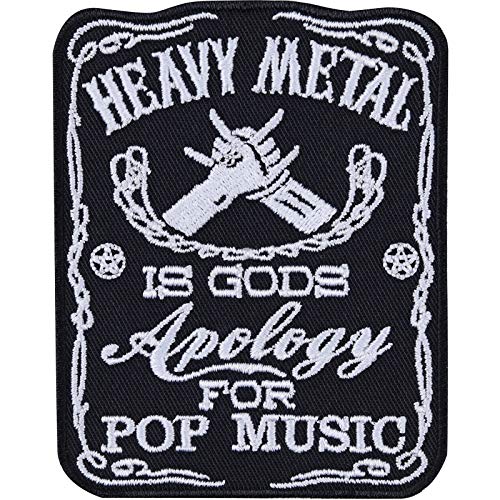 Heavy Metal Patch "Heavy Metal is gods apology for Pop music" Aufbügler Heavy/Trash Metal Aufnäher Festival Jeans Flicken/Bügelbilder zum annähen/aufbügeln | Applikation Kutten/Outdoor | 90x70mm von EXPRESS-STICKEREI