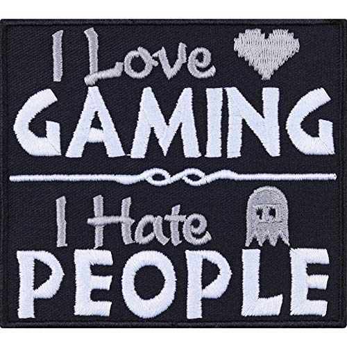 "I love gaming - I hate people" Aufnäher mit lustigem Spruch Gamer Aufbügler Patch zum annähen/aufbügeln | Zocker Geschenk Teenager Applikation für alle Stoffe | 90x80mm von EXPRESS-STICKEREI