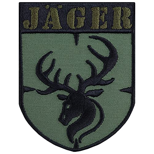 Jäger Patch zum annähen | Hirsch Wappen Geschenk Förster Waidmann Abzeichen Hirschkopf mit Geweih Aufnäher Applikation für alle Stoffe | 70x90mm von EXPRESS-STICKEREI