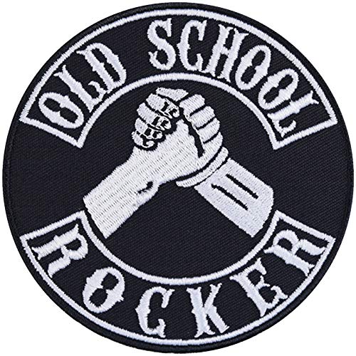 Rocker Aufnäher "Old School Rocker" Aufbügler Biker Patch zum annähen/aufbügeln | Jeans Flicken/Bügelbilder Motorradzubehör Rockabilly Rock n' Roll Applikation für alle Stoffe | 90x90mm von EXPRESS-STICKEREI