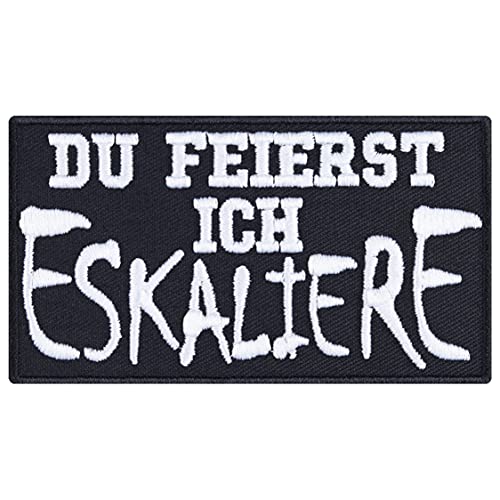 Party Patch ""Du feierst - ich eskaliere"" Heavy Metal Aufnäher/Bügelbilder zum annähen | Bier Geschenk für Männer/Frauen DIY Applikation für Festival/Jacke/Weste/Jeans/Rucksack 90x45mm von EXPRESS-STICKEREI