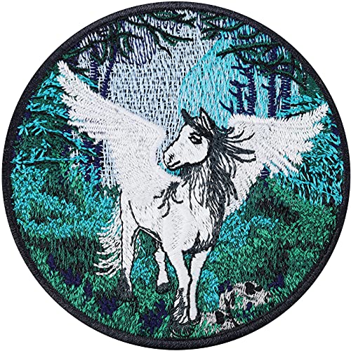 PEGASUS Pferd Aufnäher/Aufkleber gestickt zum annähen | Zauberwald Aufbügler Jeans Flicken Unicorn Patch Kinder Mädchen Applikation Geschenk für Kostüm/Kinderucksack | 80x80mm von EXPRESS-STICKEREI