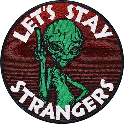 Aufnäher "Let's stay strangers" Mittelfinger Hand UFO Alien Patches Applikation zum aufbügeln Premium Qualität Außerirdische Aufkleber Abzeichen/Bügelflicken zum annähen 90x90mm von EXPRESS-STICKEREI