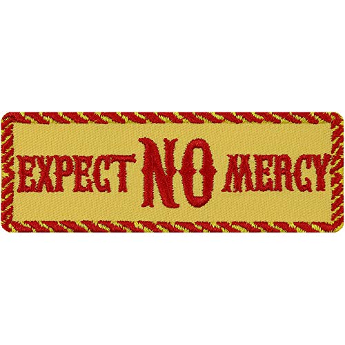 Biker Aufnäher/Aufbügler/Patch "Expect no mercy" Jeans Flicken/Bügelbilder zum annähen/aufbügeln | Boxer Geschenk Motorradfahrer Applikation für alle Stoffe | gelb 100x35mm von EXPRESS-STICKEREI