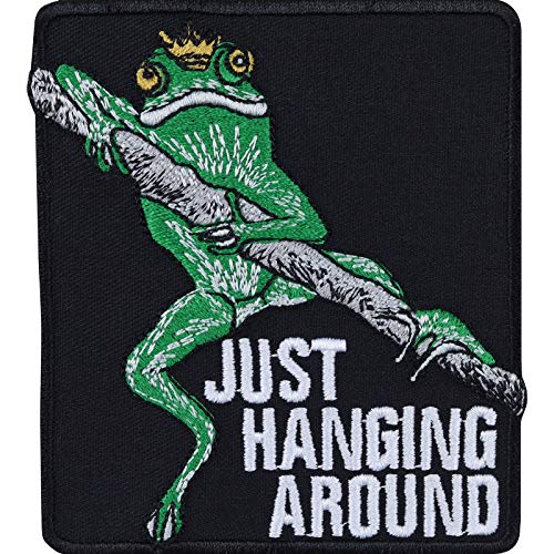 Froschkönig Aufnäher "Just hanging around" Frosch Aufbügler/Patch zum annähen | Kletter Chiller Bügelbild Paraglider Geschenk Applikation für alle Stoffe | 80x90mm von EXPRESS-STICKEREI