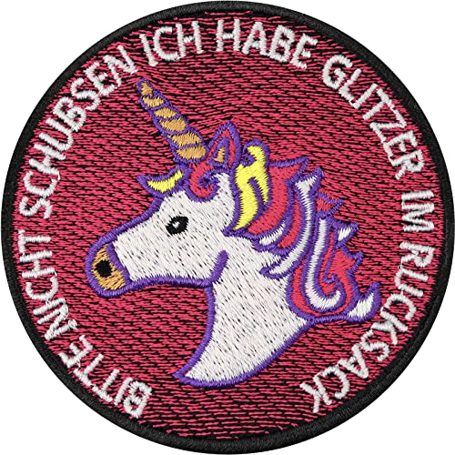 Einhorn Aufnäher Unicorn Patch zum annähen/aufbügeln | Bitte nicht schubsen, ich habe Glitzer im Rucksack | Mädchen Jeans Flicken | Schulstart Geschenk für Schulrucksack | 75x75mm von EXPRESS-STICKEREI