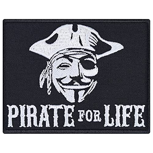 PIRATE FOR LIFE Patch/Aufbügler zum annähen/aufbügeln Biker Aufnäher Piraten Bügelbilder Totenkopf Geschenk Männer DIY Applikation für Jacke/Weste/Jeans/T-Shirt | 90x70mm von EXPRESS-STICKEREI