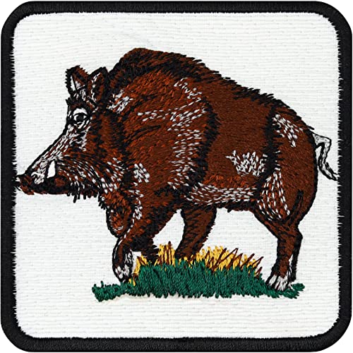 Wildschwein Aufnäher wetterfester Aufkleber | heimische Tiere Gesticktes Bügelbild Jäger Aufbügler Jagdabzeichen Wildschwein-Jagd | Wild Boar Patch Flicken zum annähen/aufbügeln | 75x75mm von EXPRESS-STICKEREI