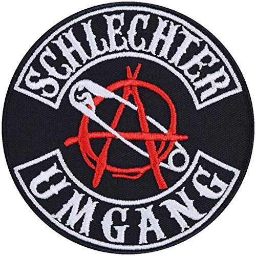 Heavy Metal Patch "Schlechter Umgang" Aufbügler Heavy/Trash Metal Aufnäher Festival Jeans Flicken/Bügelbilder zum annähen/aufbügeln | Applikation Kutten/Outdoor | 90x90mm von EXPRESS-STICKEREI