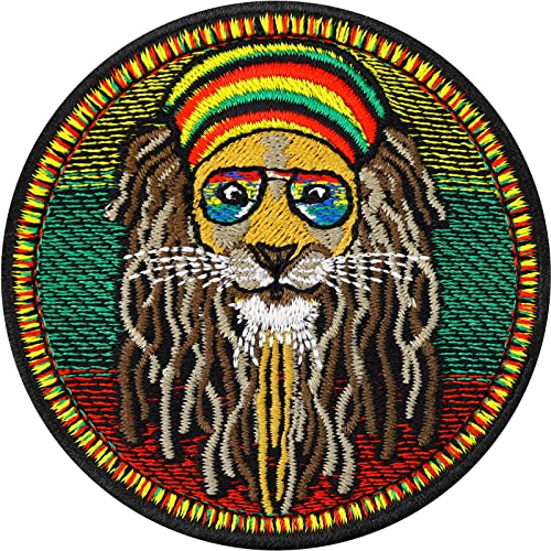 Patch Reggae Löwe Dreadlock Aufnäher gestickt Reggae lion | Rastafari Bild Löwe mit Sonnenbrille Löwenkopf Jamaika RastafariAufbügler/Applikation zum annähen | Rasta Hippie Patch | 70x70mm von EXPRESS-STICKEREI