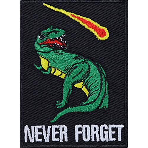 Retro Patch "Never forget" Dinosaurs Tyrannosaurus Rex Dinosaurier Aufnäher/Aufbügler Dino Asteroid Kollison T-Rex Patch - lustiges Geschenk Bügelbild für Rucksack/T-Shirt - 90x65mm von EXPRESS-STICKEREI