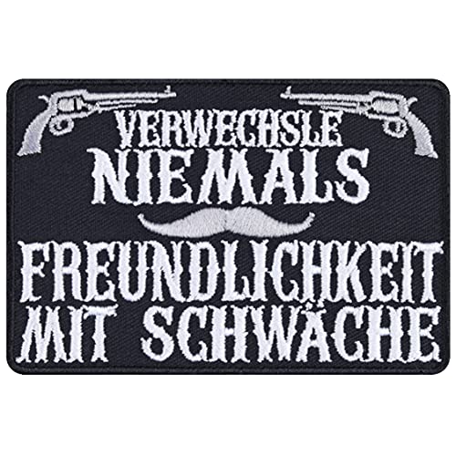 Rocker Patch "Verwechsle niemals Freundlichkeit nicht mit Schwäche" Kutten Aufnäher Heavy Metal Bügelbilder Biker Sticker für Männer/Frauen DIY Applikation für alle Stoffe | 90x60mm von EXPRESS-STICKEREI