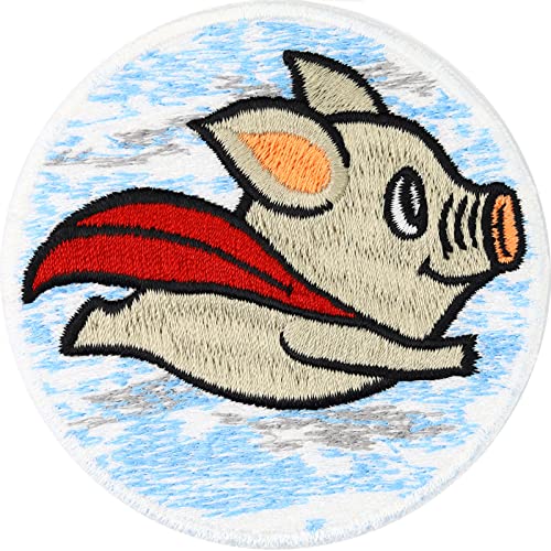 Superheld Aufnäher/Aufbügler Schweinchen Patch iron-on Badge | Superhelden Schwein Aufbügler fliegendes Schweinchen | Go Veggie Abzeichen Vegan Tierschutz | Say no to meat | 70x70mm von EXPRESS-STICKEREI