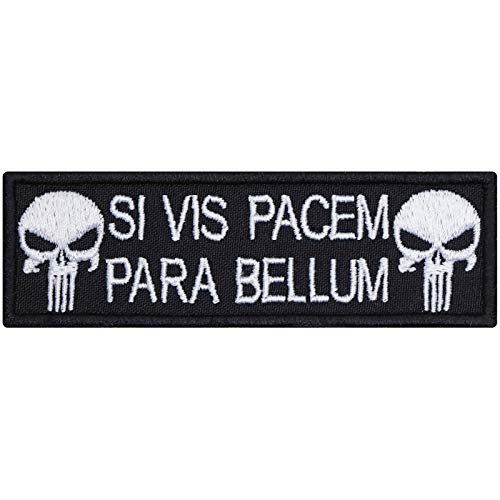 Totenkopf Aufnäher/Aufbügler "Si vis pacem para bellum" Biker Patch/Bügelbilder zum annähen/aufbügeln | Geschenk Motorradfahrer Applikation für alle Stoffe | 95x30mm von EXPRESS-STICKEREI