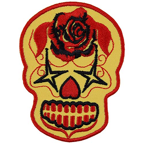 Totenkopf dia de los muertos Aufnäher/Aufbügler Calavera - mexikanischer Zuckerschädel Totenkopf Sugar Skull Patch Totenkopf - Rosen Bügelbild zum annähen - 80x60mm von EXPRESS-STICKEREI