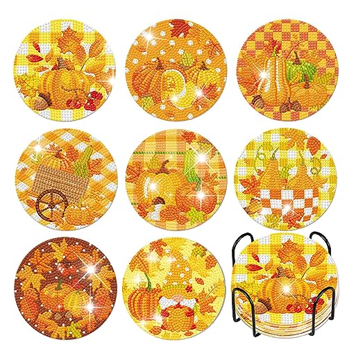 EXQUILEG 8er Pack Diamond Painting Untersetzer mit Halter - DIY Halloween Deko Ahornblatt und Kürbis Tassenuntersetzer - Diamant Kunst Untersetzer, 10 cm/4 Zoll von EXQUILEG