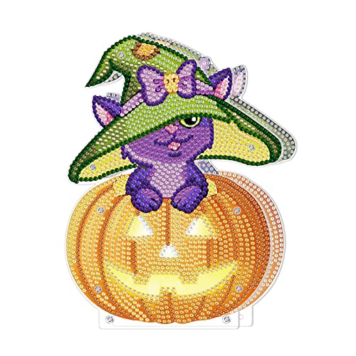 EXQUILEG 5D DIY Diamond Painting, Halloween deko Ornamente Set mit LED Licht Diamant Malerei Bilder, Kürbis/Schwarze Katze/Hexe, Strass Kristall Dekoration Handwerk (1) von EXQUILEG