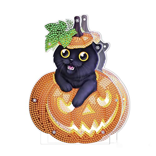 EXQUILEG 5D DIY Diamond Painting, Halloween deko Ornamente Set mit LED Licht Diamant Malerei Bilder, Kürbis/Schwarze Katze/Hexe, Strass Kristall Dekoration Handwerk (2) von EXQUILEG