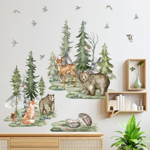 EXQUILEG Wandtattoo Waldtiere Baum Wandaufkleber Bär Fuchs Hirsch Wandsticker für Boho Deko im Schlafzimmer, Babyzimmer und Kinderzimmer (A) von EXQUILEG